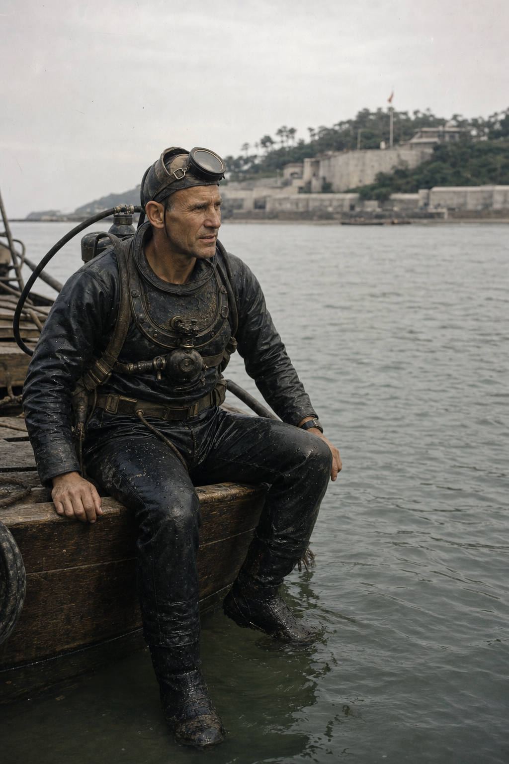 Postwar coastal survey diver on wooden boat
