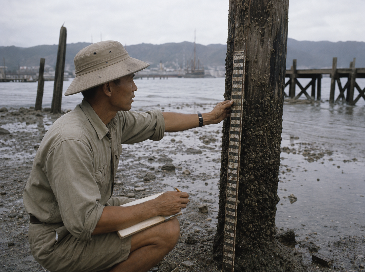 Worker reading tide gauge at low tide
