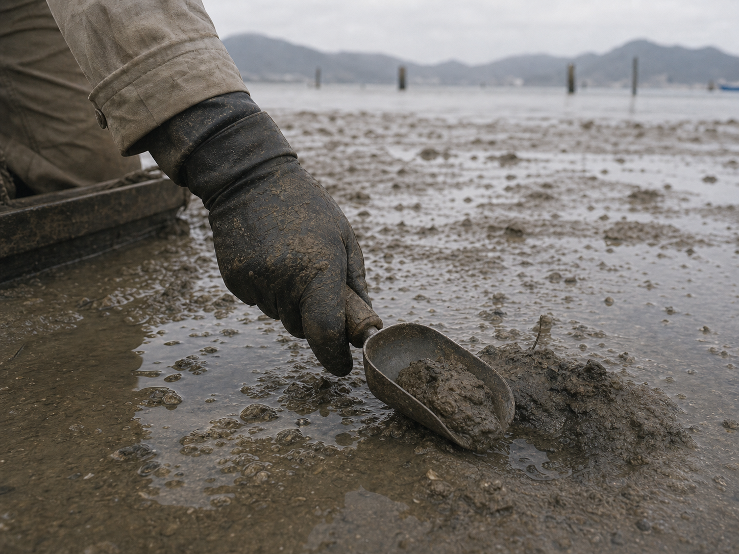 Gloved hand collecting mud sample